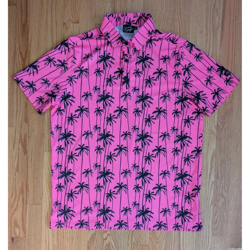 Sunday Swagger Polo Shirt Mens M Sizzlin Pink Black Palm Tree Performance Golf